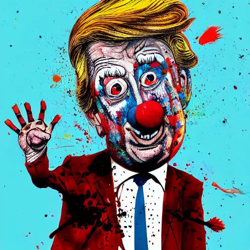 Prompt: Donald Trump clown, Ralph steadman, surreal, ink splatter, detailed, 4k