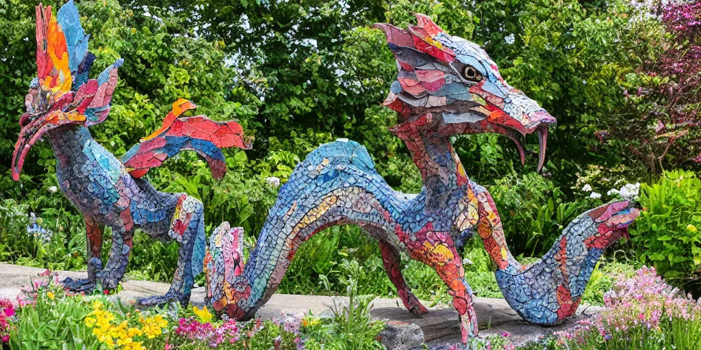 Prompt: folk art garden sculptures in an english cottage garden, cottagecore flower garden, concrete sculpture of a wyvern, colorful mosaic, sculpture by wouterina de raad!!!, art by james tellen, highly detailed, realistic anatomical proportions, textured hand built concrete sculpture, amazing concrete sculpture, 4 k