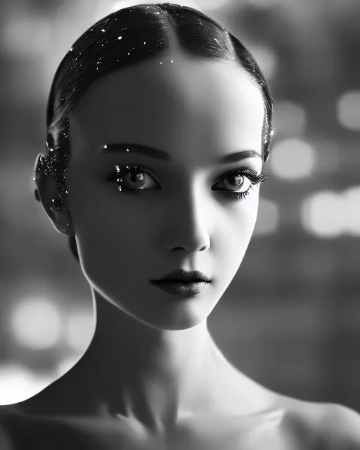 Image similar to black and white dreamy young beautiful female artificial intelligence, metropolis, cinematic, rim light, bokeh, photo - realistic, elegant, high detail, 8 k, masterpiece, photo taken in 1 9 3 0