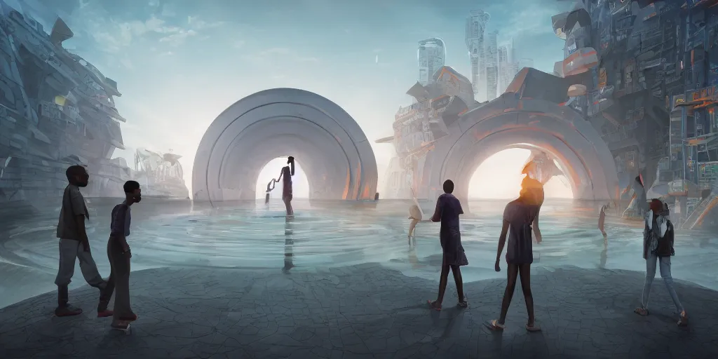 Image similar to four people looking at a gigantic, rectangular portal floating in the middle of a modern african city, fantasy, 2 d, simple, illustration, trending on artstation, 4 k, colourful