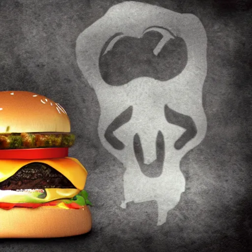 Prompt: There is a ghost in my burger spooky ghost burger, Realistic, HDR, Clear Image, HDD, Dynamic lighting,