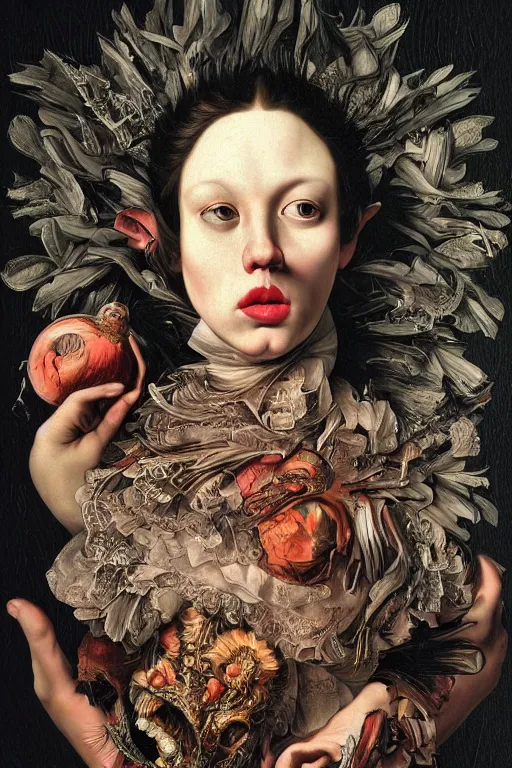 Image similar to Detailed maximalist portrait with large lips and with large, wide eyes, sad expression, HD mixed media, 3D collage, highly detailed and intricate, surreal anatomy, illustration in the style of Caravaggio, dark art, baroque