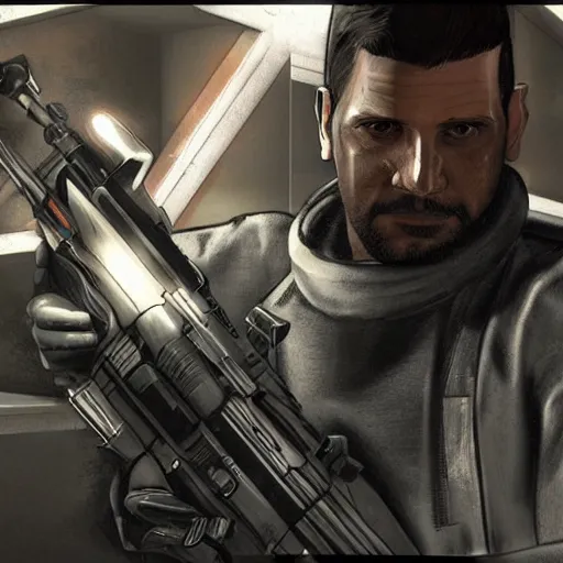 Prompt: Adam Jensen in GTA 5, videogame concept art