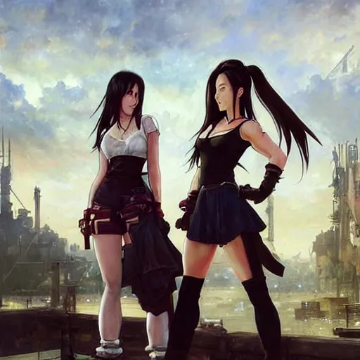 Image similar to a painting of tifa lockhart and aerith gainsborough from final fantasy 7, the midgard steam punk city as backdrop, by greg rutkowski, artgerm, wlop, ruan jia, krenz cushart, alphonse mucha, rain, unreal engine 5