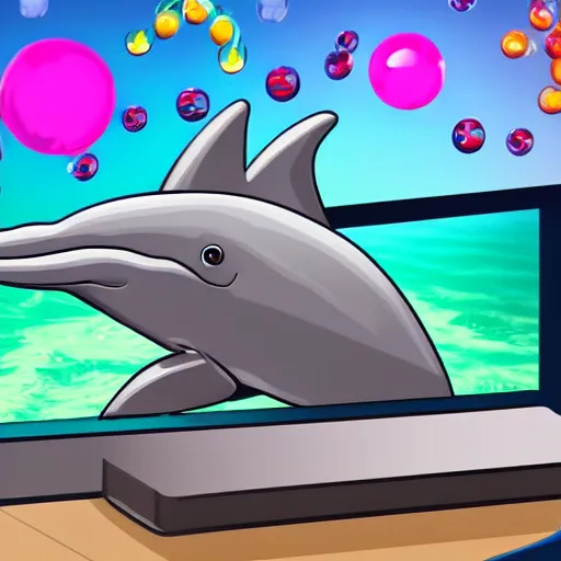 Image similar to A dolphin wearing a chemist outfit playing games on a computer, digital art