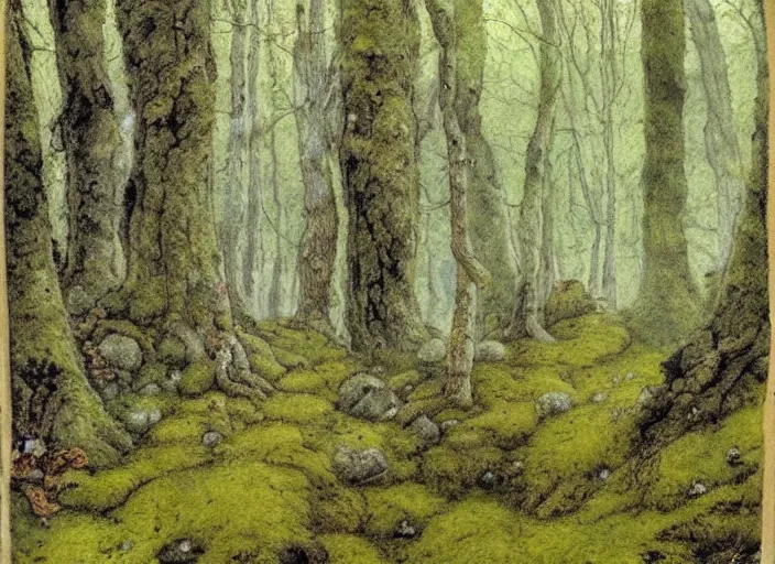 Image similar to a mossy wood with trolls and elves, in the style of John Bauer,