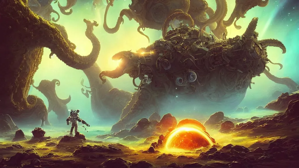 Image similar to Astronauts have a treasure with them, they are running away from the giant Cthulhu that is behind hunting him, they are running over the ring of the gas planet, this is an extravagant planet with wacky wildlife and some mythical animals, the background is full of nebulas and planets, the ambient is vivid and colorful with a terrifying atmosphere, by Jordan Grimmer digital art, trending on Artstation,