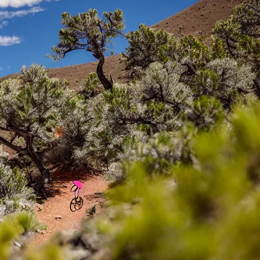 Prompt: a flamingo riding a mountain bike through juniper trees in the mountains, wildflowers are in bloom, 8 k cinematic bright