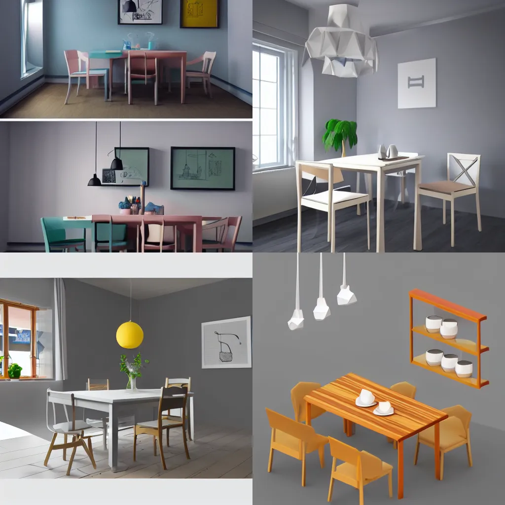 Prompt: An ikea dining room, digital art, low poly, isometric 3d, soft shadows, soft light, cold colors, trending on ArtStation