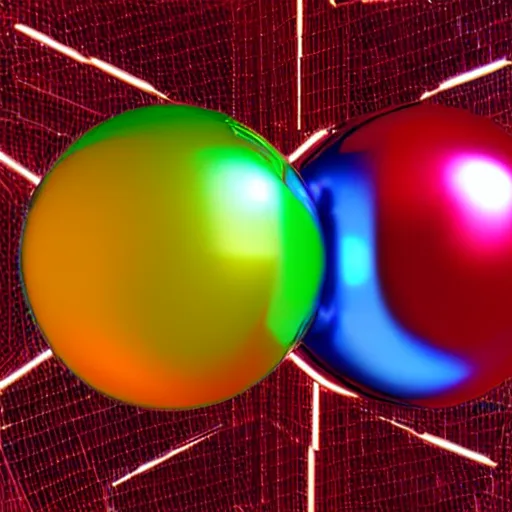 Prompt: chrome spheres on a red cube, chromatic aberration