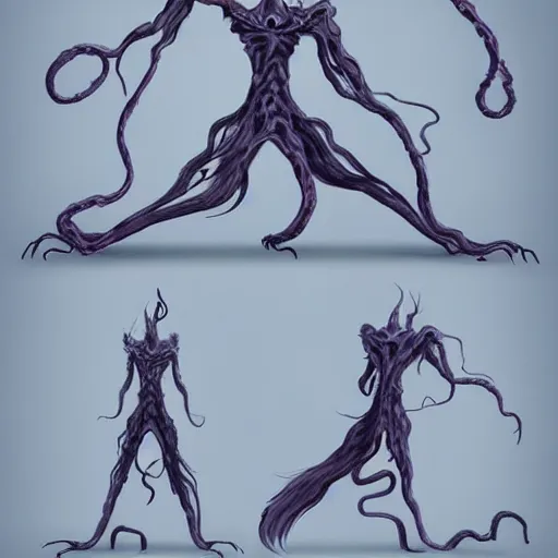 Image similar to concept designs for an ethereal wraith like figure made from dark wispy shadows with a squid like parasite latched onto its head and long tentacle arms that flow lazily but gracefully at its sides like a cloak while it floats around a frozen rocky tundra in the snow searching for lost souls and that hides amongst the shadows in the trees, this character has hydrokinesis and electrokinesis for the resident evil village video game franchise with inspiration from the franchise Bloodborne and the mind flayer from stranger things on netflix in the style of a marvel comic