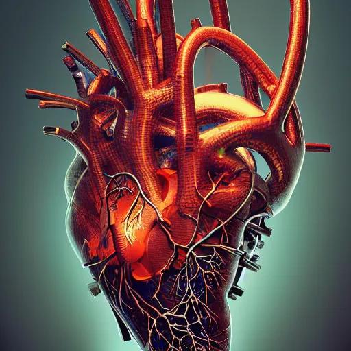 Image similar to a human heart, revealing wires and electronics, arteries, veins, human heart, anatomy, sci - fi, missing panels, intricate abstract upper body intricate artwork, concept art, octane render, deviantart, cinematic, key art, hyperrealism, iridescent accents, portrait photograph, nikon 3 5 mm, photograph by greg rutkowski