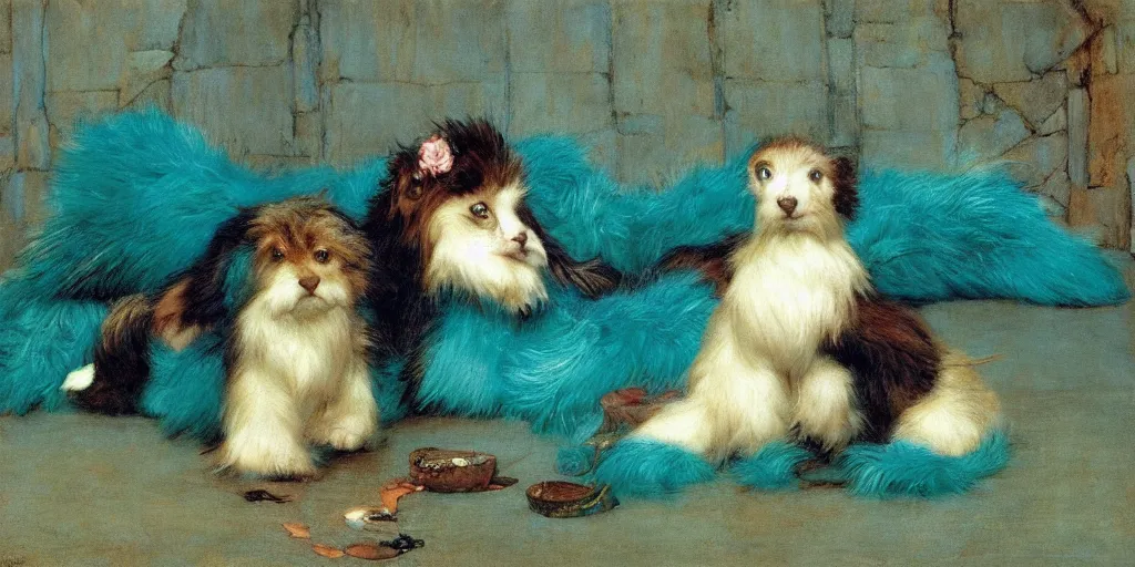 Image similar to 3 d precious moments plush animal, realistic fur, teal, silver, and gold palette, master painter and art style of john william waterhouse and caspar david friedrich and philipp otto runge