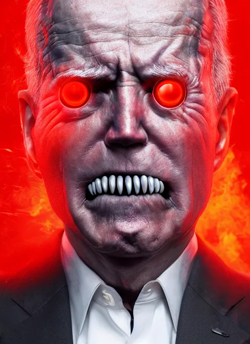 Image similar to hyper realistic ultra realistic cyborg photo Doom furious glowing red eyes biden, high quality photo, detailed , 8k