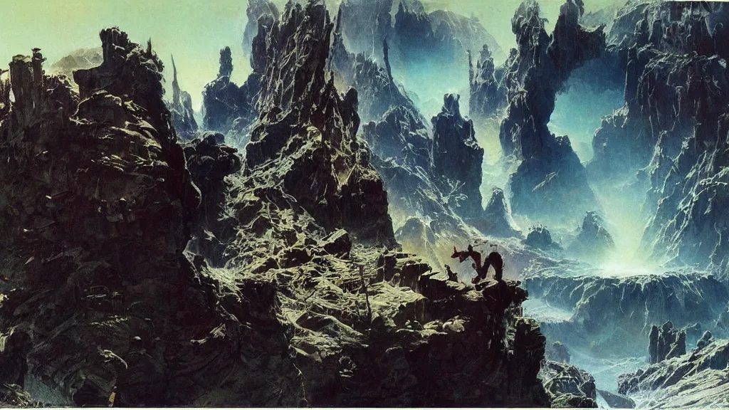 Image similar to falling into a deep hole by frank frazetta and bruce pennington, cinematic matte painting