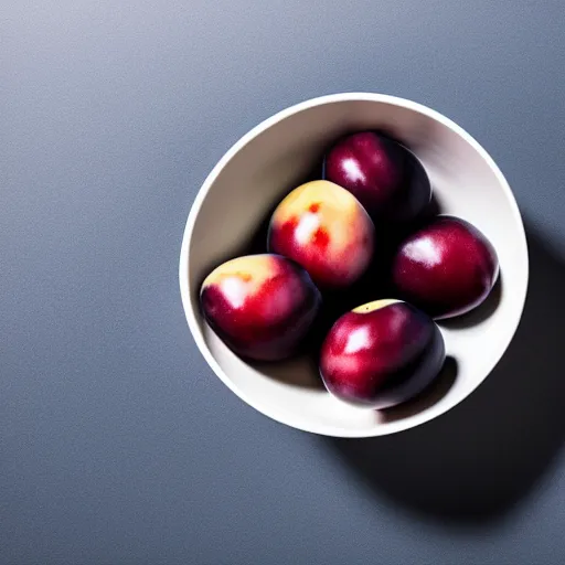 Prompt: concept art of a single thick porcelain bowl filled with a few moist freshly picked plums on a wooden table. volumetric lighting. 4 k. small scale. artistic. top down.