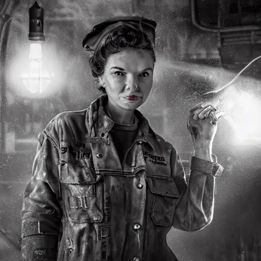 Image similar to a portrait of Rosie the riveter, industrial setting, dynamic pose, sweat and grime, close-up, intricate details, intricately detailed clothing, intricate textures, warm lighting, vivid colors, sparks flying, smoke and mist, realistic octane render, hyper realistic render, volumetric shading, depth of field, raytracing, 8k,