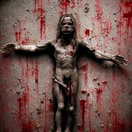 Image similar to a highly detailed realistic photographic render crucified bloody humanoid pig, bloody christ with the head of a pig, dead souls, religious sculpture, creepy, cinematic lighting, cinematic scene, Volumetric lighting, Atmospheric scene, Dark, Horror, Atmospheric lighting, Global illumination, realistic, photo realism, hyper realistic, hyper realism, photo realisitc, cinematic render, film, beautifully lit, ray traced, octane 3D render, octane render, unreal engine