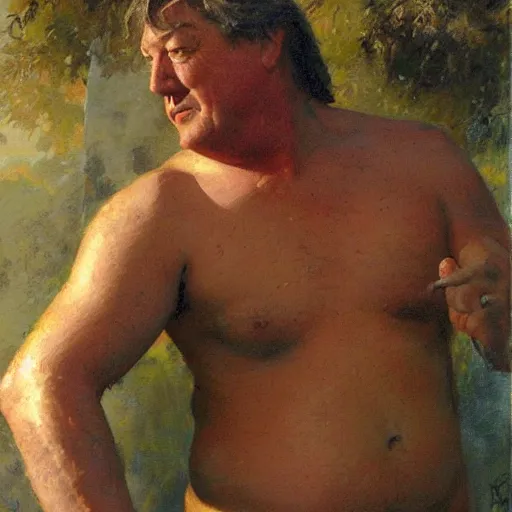Image similar to Stephen Fry with a flabby body type, painting by Gaston Bussiere, Craig Mullins