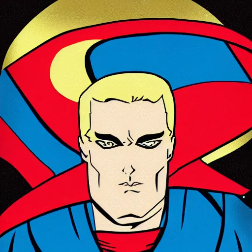 Image similar to portrait of a evil blonde superman two sides hair and thin face lines, his cape is the american flag, he is angry