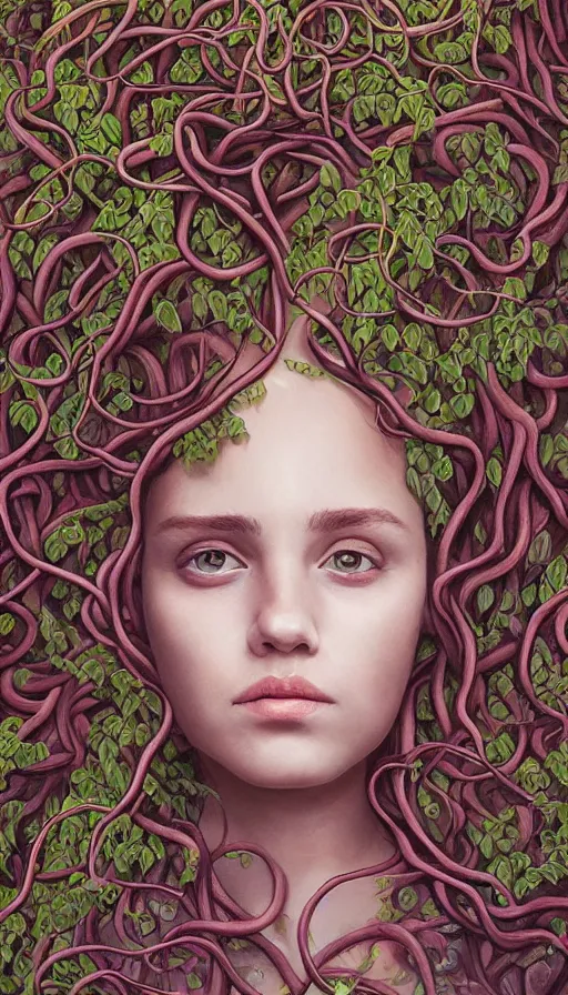 Image similar to very detailed portrait of a 2 0 years old girl surrounded by tentacles, the youg woman visage is blooming from fractal and vines, by sam spratt
