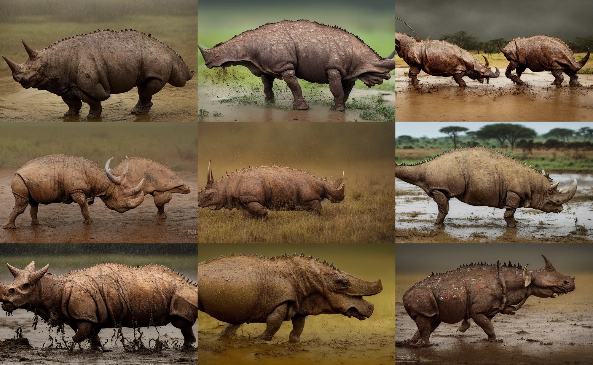 Prompt: nature photography of a wet 3 - horned triceratops, african savannah, rainfall and mud, digital photograph, award winning, 5 0 mm, telephoto lens, national geographic