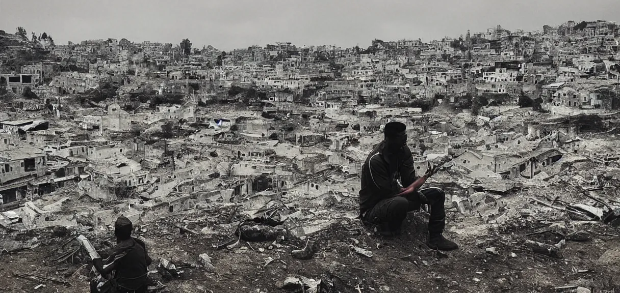 Prompt: “sad soldier, sitting alone, smoking a cigarette, looking at the ruins of his city from a hill”