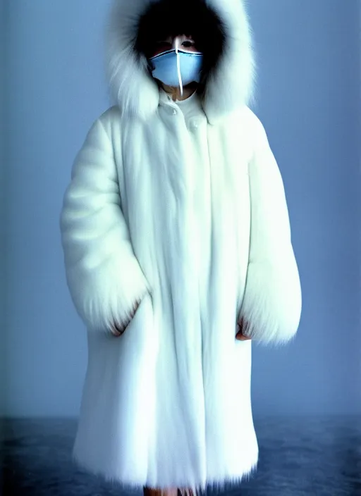 Image similar to realistic photo portrait of the common girl wearing white shorts, dressed in white long fur coat, face is covered with a blank mask, there is a cloud in the middle 1 9 9 0, life magazine reportage photo