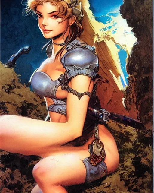 Prompt: a portrait of a cute fantasy girl by frank frazetta, larry elmore, jeff easley and ross tran