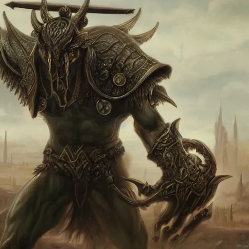 Image similar to Minotaur, elden ring boss, matte painting, detailed, elden ring, oil on canvas