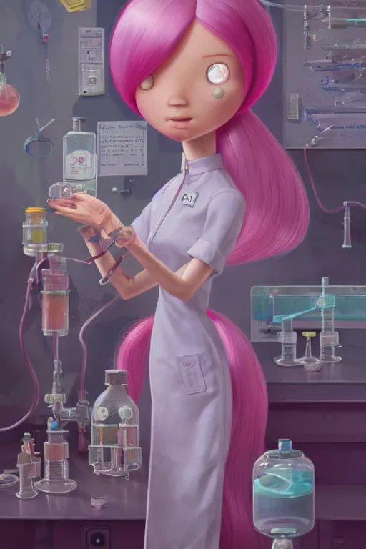 Image similar to highly detailed, industrial photography, profile photo of adult princess bubblegum from adventure time, detailed and intricate environment, working in her science lab, wearing lab coat, long bubblegum hair, long straight bangs, confident, beautiful, attractive, illustration concept art by nicoletta ceccoli, mark ryden, lostfish, 8 k resolution, hyperrealistic, octane render