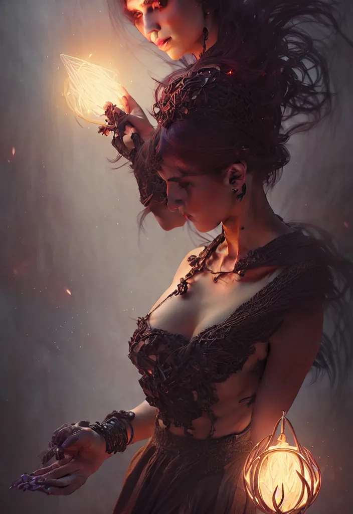 Image similar to Necromancer Sorceress, fantasy magic, undercut hairstyle, dark light night, intricate, elegant, sharp focus, illustration, highly detailed, digital painting, concept art, matte, art by WLOP and Artgerm and Greg Rutkowski and Alphonse Mucha, masterpiece