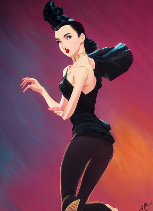 Image similar to a beautiful dancer with black hair in 1940's fashion, ballroom background, intricate, highly detailed, digital painting, artstation, official media, anime key visual, concept art, rich vivid colors, ambient lighting, sharp focus, illustration, art by Artgerm, Makoto Shinkai, Ilya Kuvshinov, Lois Van Baarle, and Rossdraws