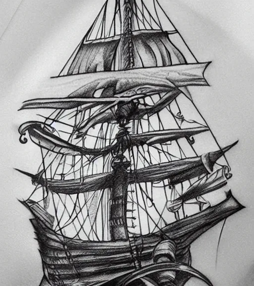 Prompt: A realism black and white tattoo design sketch of a pirate ship, highly detailed tattoo, shaded tattoo, hyper realistic tattoo