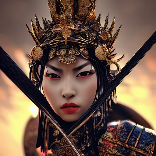 Prompt: queen of samurai, 4 k, intricate, jaw dropping, gorgeous, surreal, octane render