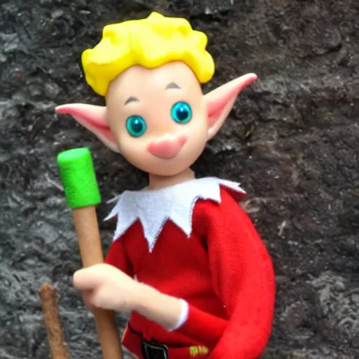 Image similar to an elf with spiky blonde hair wearing tan overalls and holding a stick of dynamite