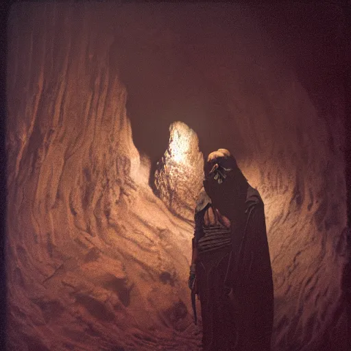 Prompt: beautiful dark painting of a tusken raider in a cave, dark horror, dramatic lighting by george lucas, cinestill, 3 5 mm