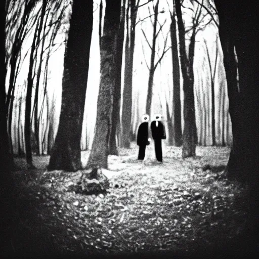 Image similar to photo of boris karloff as frankestein and bela lugosi as dracula in a forest at night, telephoto long distance shot, black and white, low light, vignette, fujifilm, creepy, dark, atmospheric, 3 5 mm, surveillance footage, fisheye