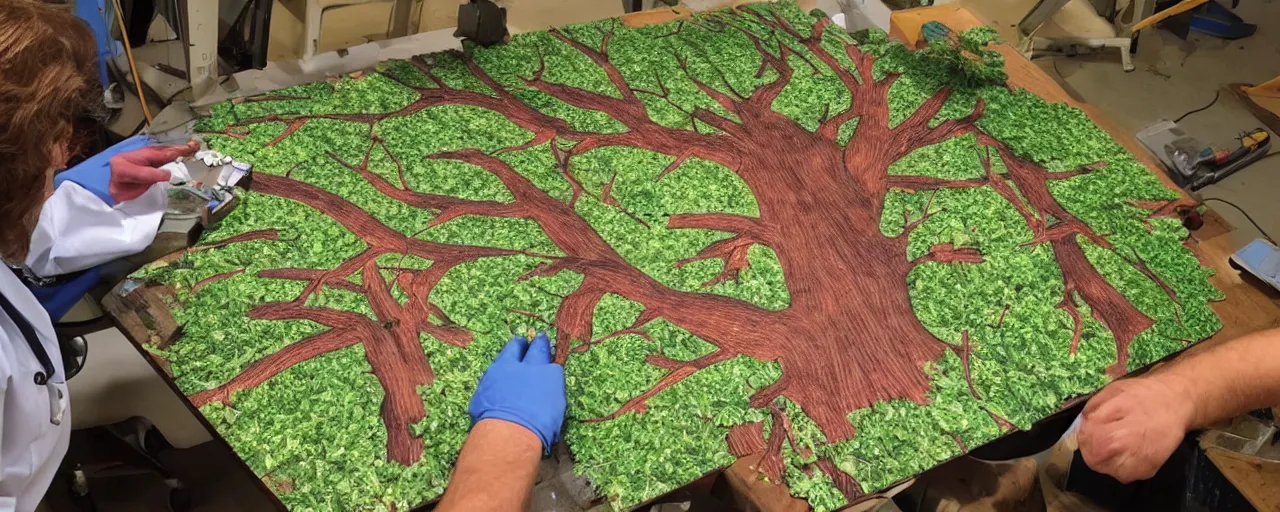 Prompt: a large jigsaw puzzle piece showing a tree being crafted by a doctor