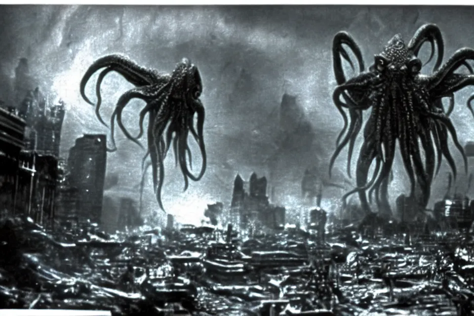 Prompt: still image taken from sci fi horror movie of a cthulhu attacking a city. low camera angle. 1 9 6 0.