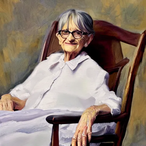 Image similar to emma watson as a very old lady sitting in a rocking chair, oil painting