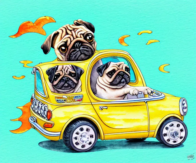 Prompt: cute and funny, pug riding in a tiny hot rod with oversized engine, ratfink style by ed roth, centered award winning watercolor pen illustration, isometric illustration by chihiro iwasaki, edited by range murata, tiny details by watercolor girl, symmetrically isometrically centered