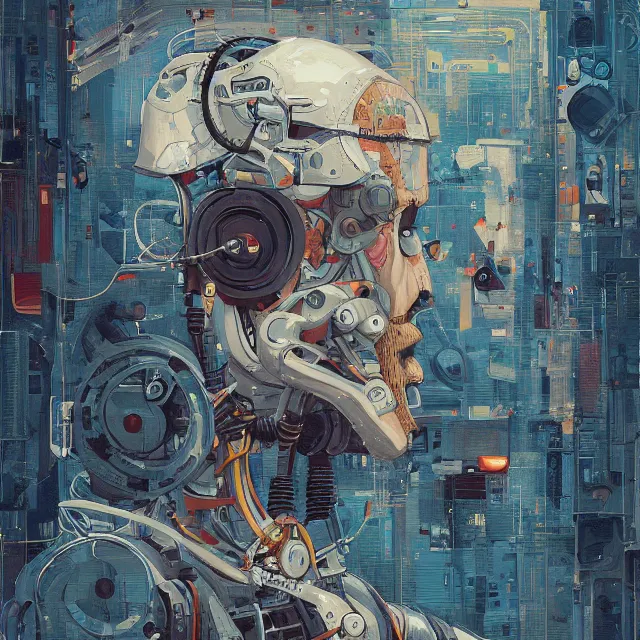 Image similar to robot artist painting a self - portrait on a canvas. intricate, highly detailed, digital matte painting, in the style of alexandros pyromallis, and in the style of sachin teng, and in the style of hans thoma, and in the style of phil jimenez. irony, recursion, inspiration.