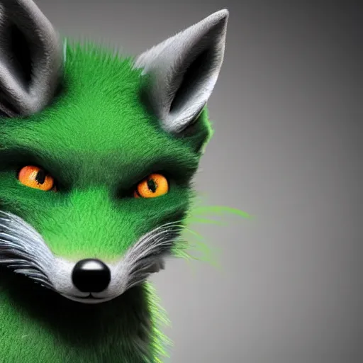Image similar to close up of photorealistic green fox with green fur and glowing magenta eyes, wearing a black hoodie