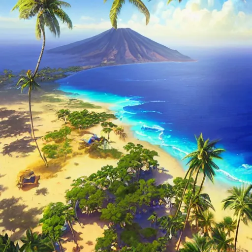 Image similar to a painting a breathtaking aerial view of Hawaiian islands, surrounded by palm trees, clouds, flowers, volcano, azure ocean, sunlight glistening, glow, , a detailed matte painting by sylvain sarrailh, Stephan Martinière, by RHADS, Makoto Shinkai, bokeh, Artstation contest winner, fantasy art, concept art, #vfxfriday