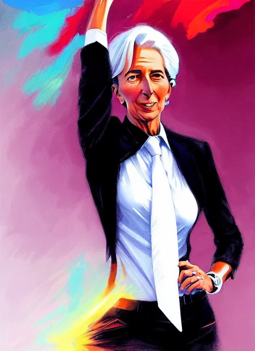 Prompt: a ultradetailed beautiful panting of christine lagarde wearing a stylish shirt with a tie, she has black hair, dancing, background explosion, by jesper ejsing, ilya kuvshinov, greg rutkowski on artstation