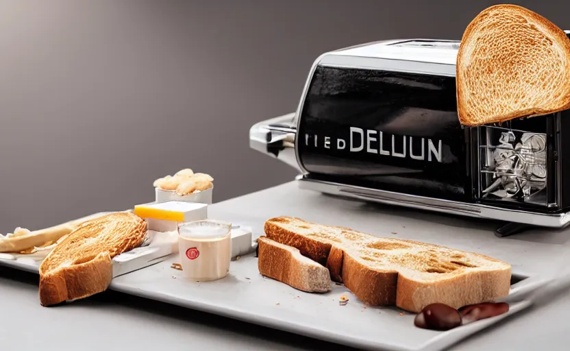 Prompt: a time-traveling delorean styled toaster with toast, professional product shot, magazine ad