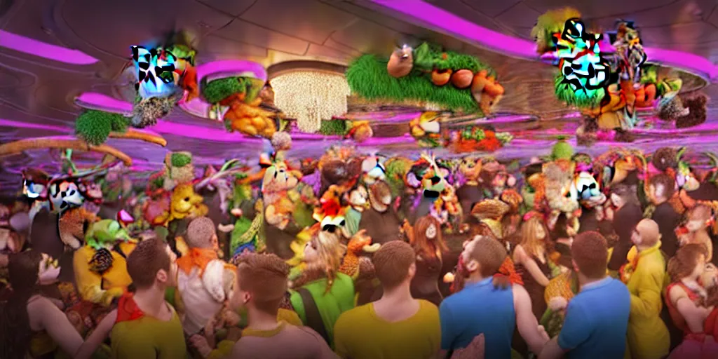 Image similar to 8 k uhd cinema 4 d, octane render of multiple cats dressed as vegetables with vegetables as masks, vegetables dressed as cats with fluffy tails, line dancing at a party, in the ballroom of a luxury cruise liner, beautiful chandeliers from the ceiling, ultra realistic, group photography, 1 0 5 mm lens, multi coloured volumetric lighting