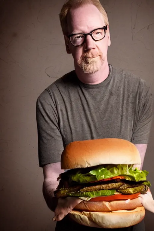 Image similar to 📷 portrait of adam savage the sandwich, food head, still image, dynamic lighting, 4 k