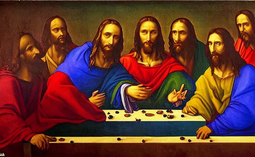 Prompt: Among Us in various primary colors painted like DaVinci's the last supper showing the double-crossing aspect of the main character Jesus stylized as a wall Greco oil painting in Milano Italy